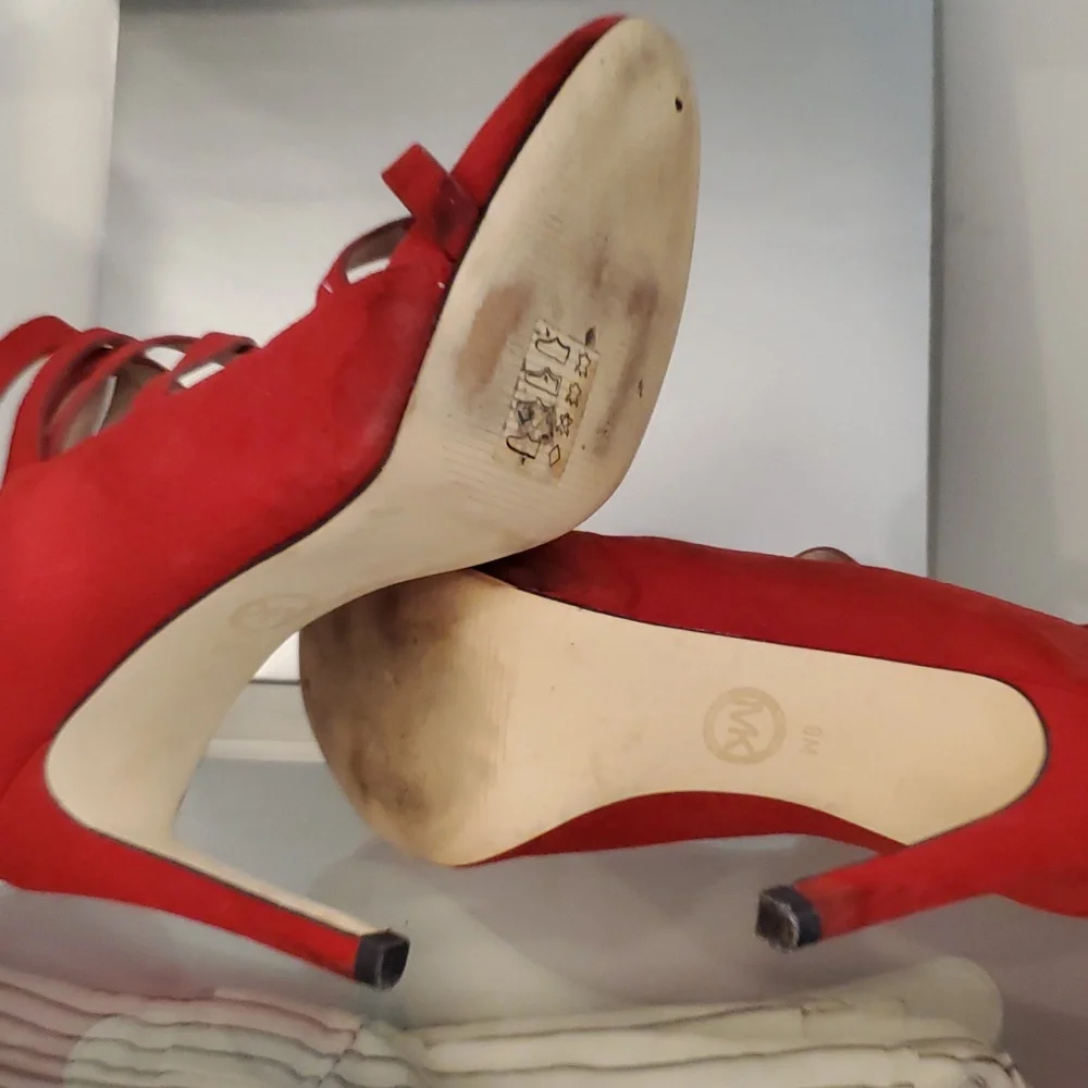 Michael Kors Red Suede Strappy shoe Size 9 With 3.5”. Heel - Picture 7 of 8